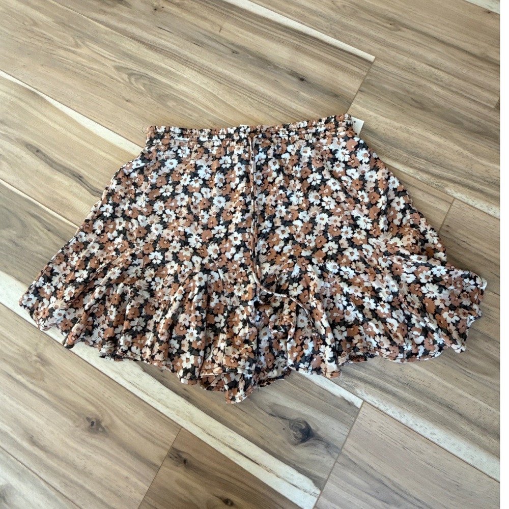 Floral Print Ruffle Hem Mini Skort‎ Waistband elastic Drawstring Lightweight M